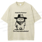 Unisex Overstimulated Cowboy Cat Printed Washed Tee