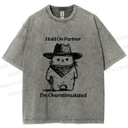 Unisex Overstimulated Cowboy Cat Printed Washed Tee