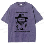 Unisex Overstimulated Cowboy Cat Printed Washed Tee