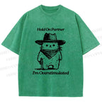 Unisex Overstimulated Cowboy Cat Printed Washed Tee