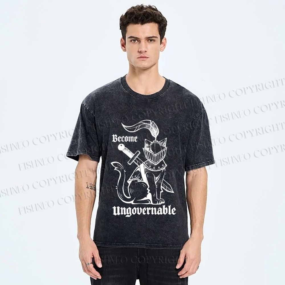 Unisex Refuse To Be Governed Cat Knight Printed Washed Tee