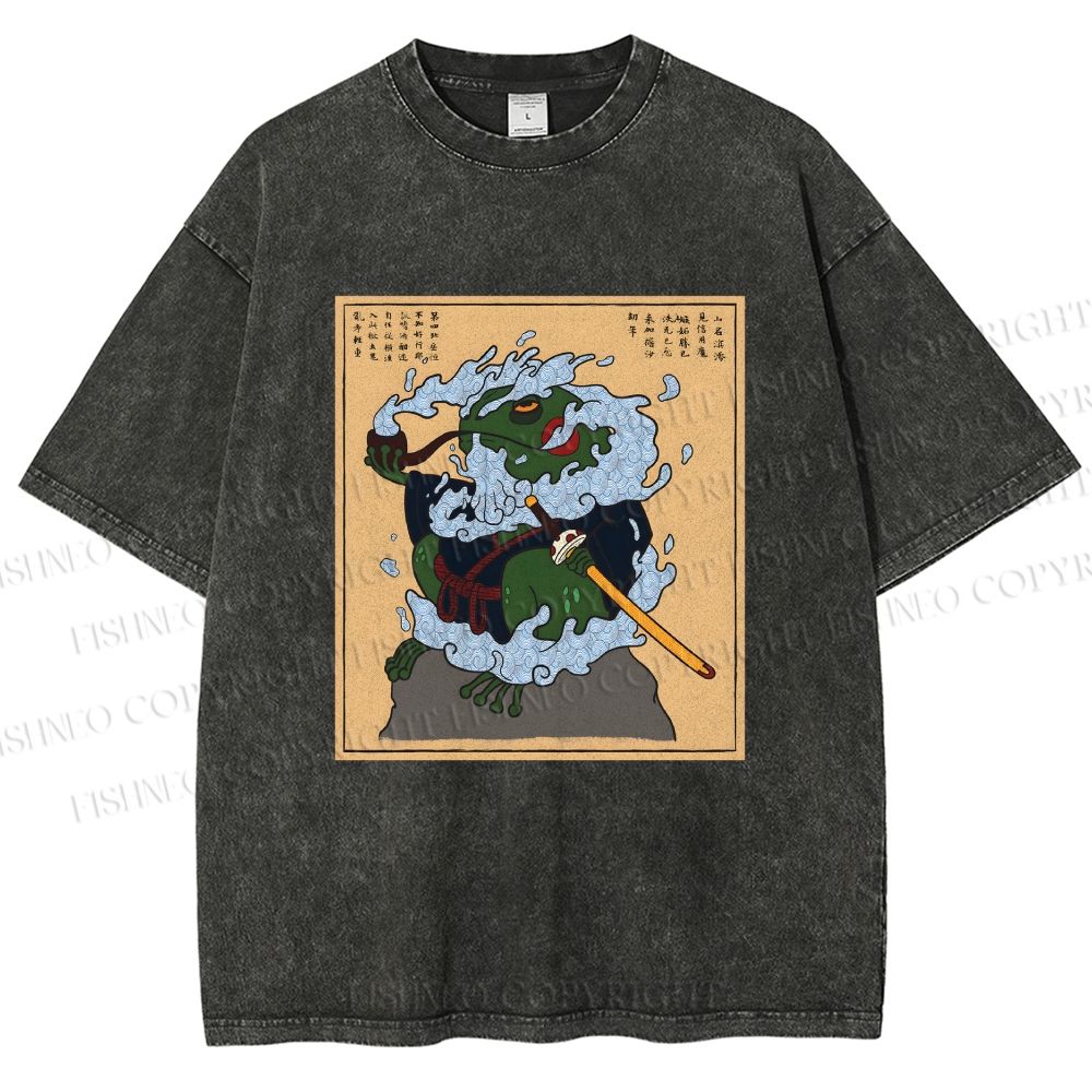 Unisex Japanese Samurai Ninja Frog Printed Washed Tee