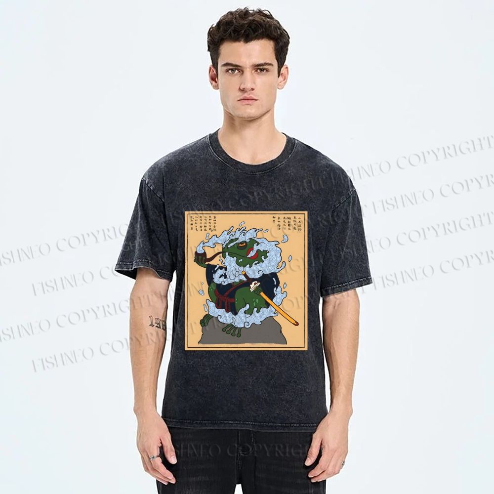 Unisex Japanese Samurai Ninja Frog Printed Washed Tee