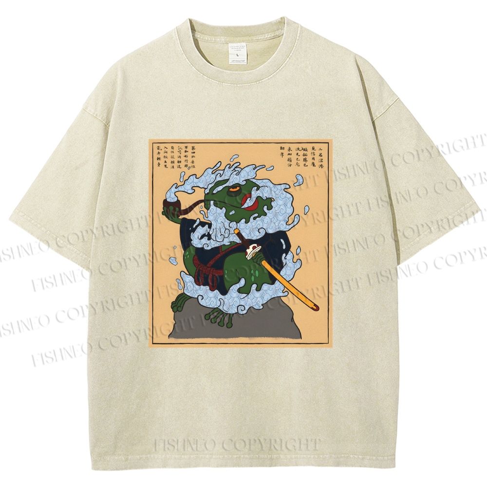Unisex Japanese Samurai Ninja Frog Printed Washed Tee