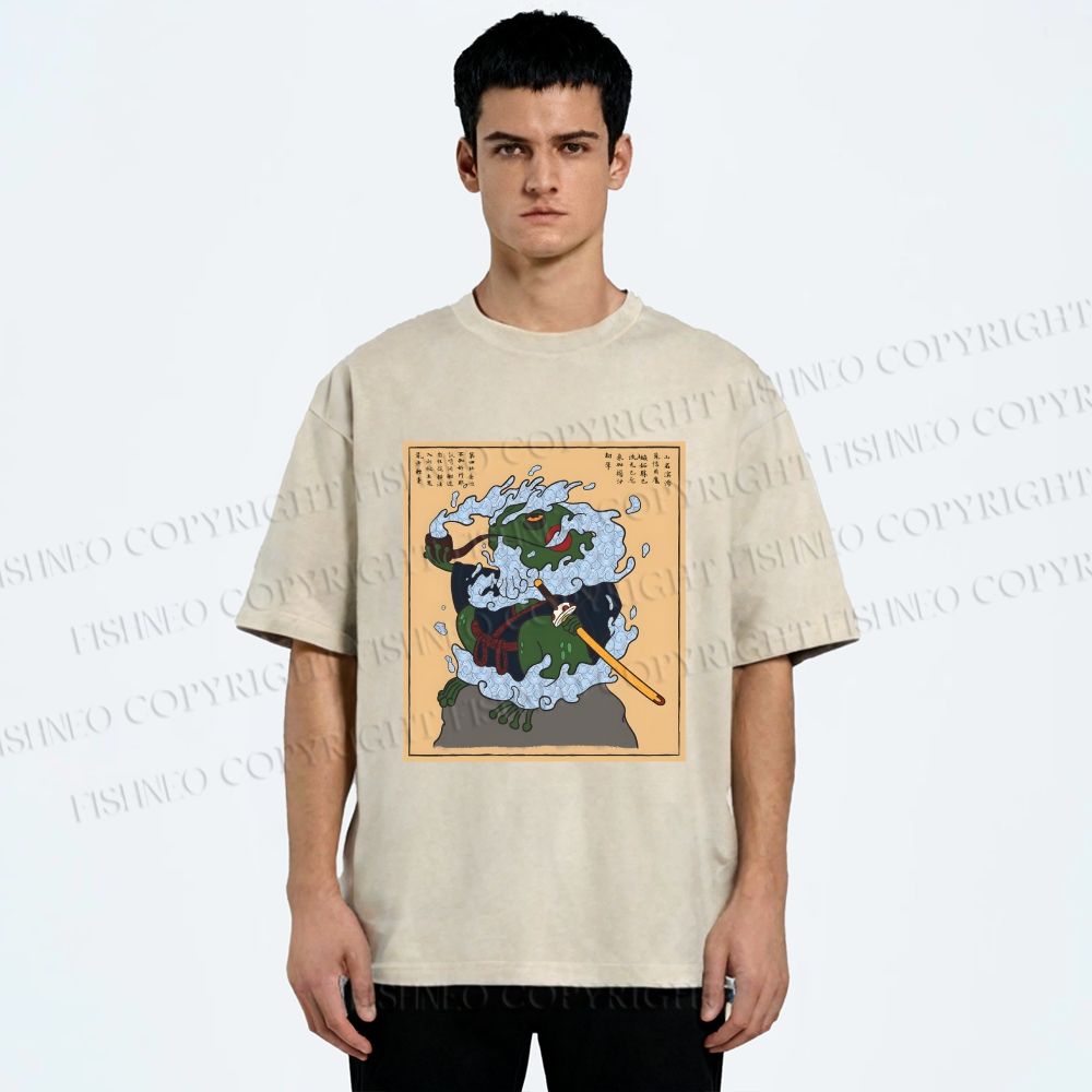 Unisex Japanese Samurai Ninja Frog Printed Washed Tee
