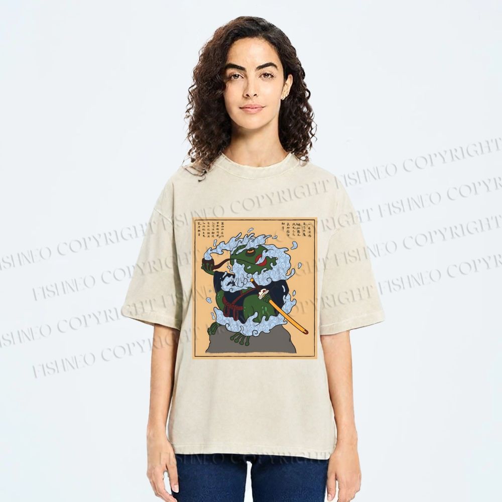Unisex Japanese Samurai Ninja Frog Printed Washed Tee