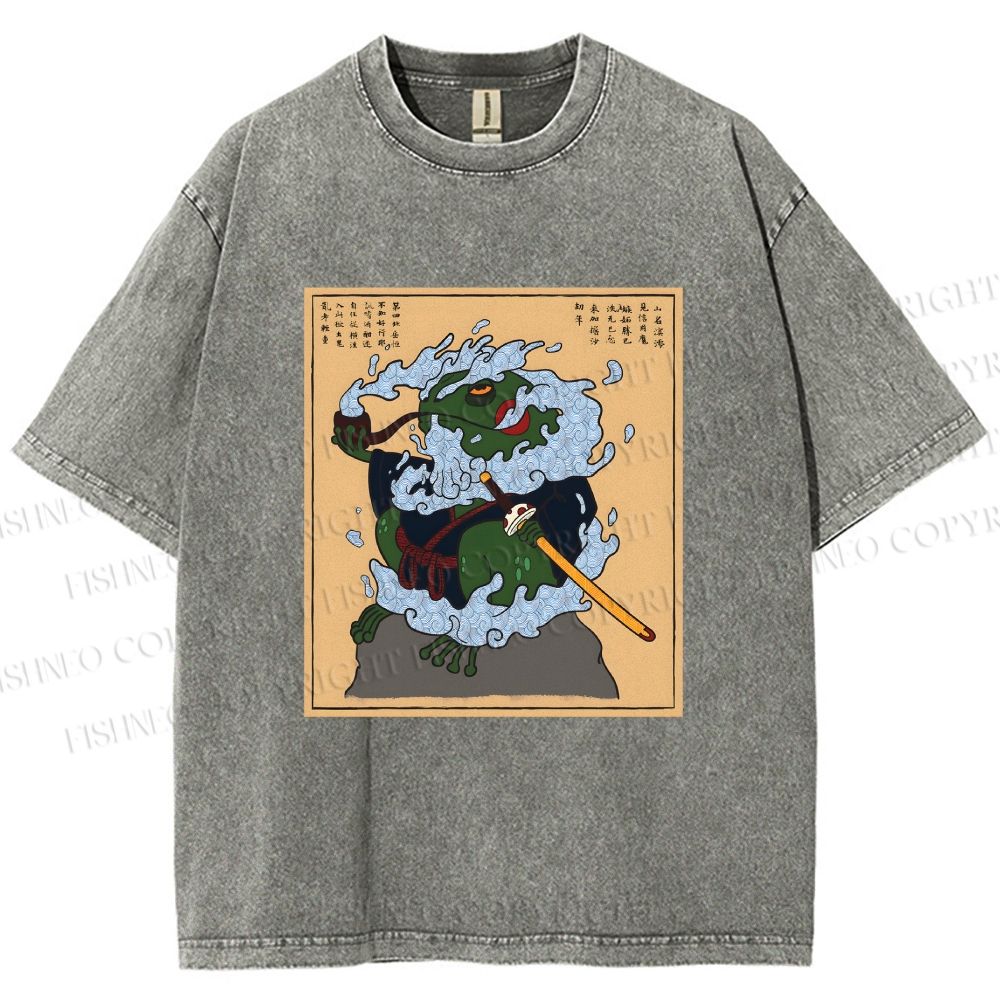 Unisex Japanese Samurai Ninja Frog Printed Washed Tee
