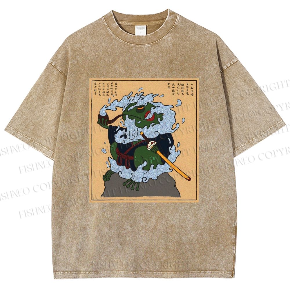 Unisex Japanese Samurai Ninja Frog Printed Washed Tee
