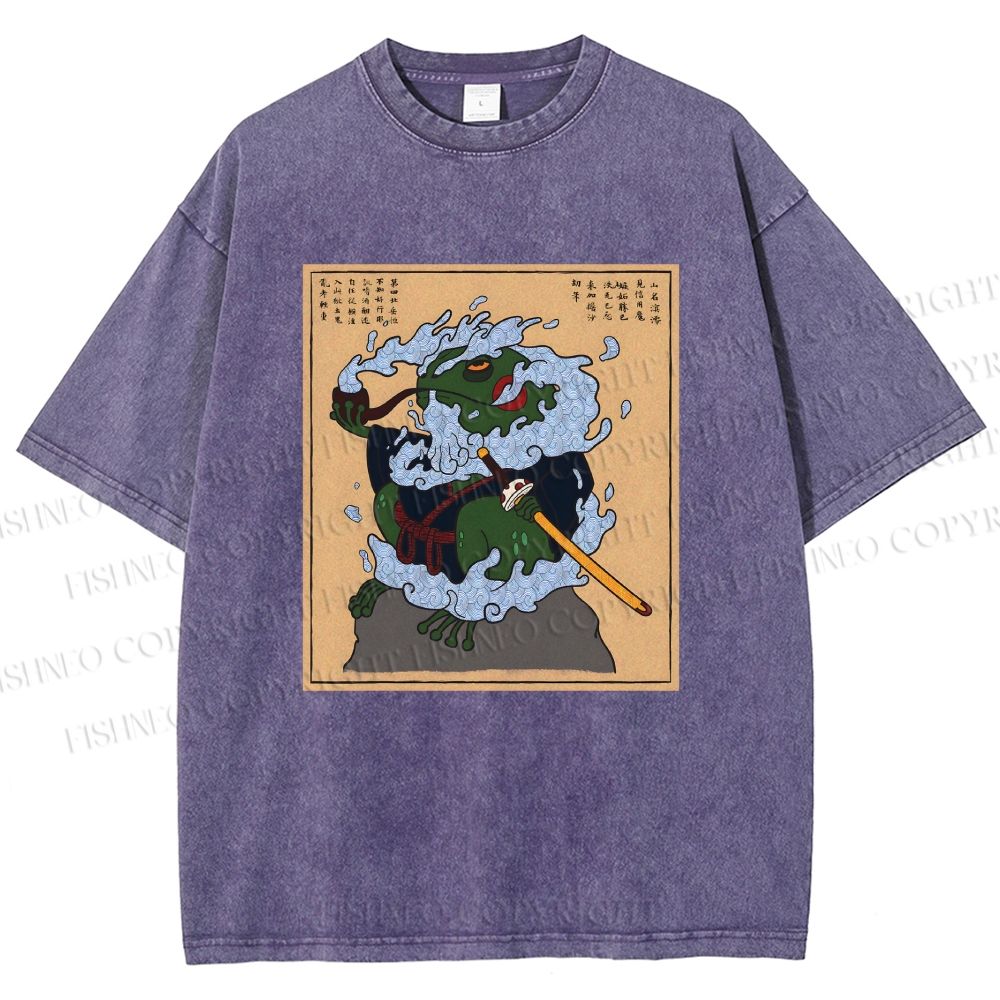 Unisex Japanese Samurai Ninja Frog Printed Washed Tee