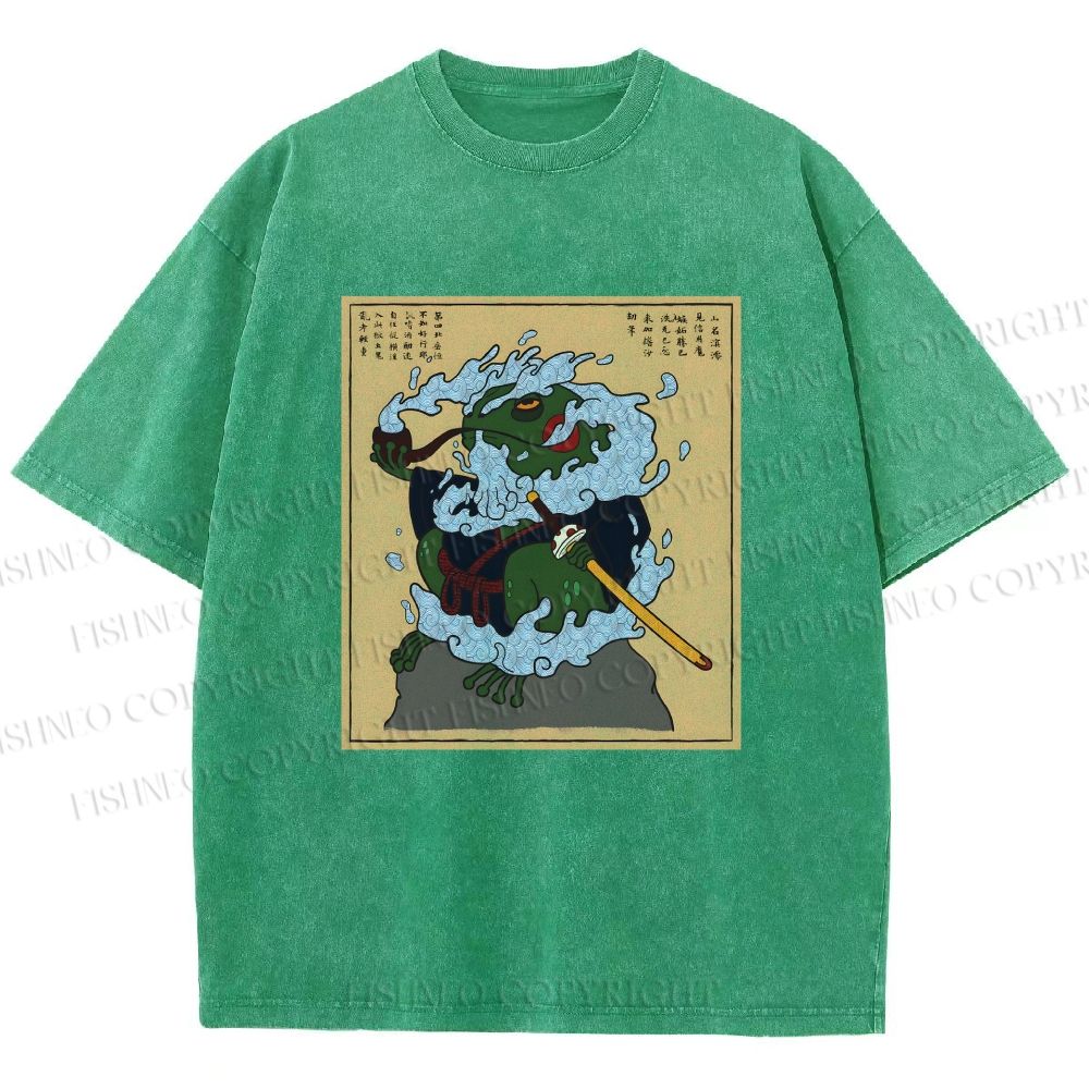 Unisex Japanese Samurai Ninja Frog Printed Washed Tee