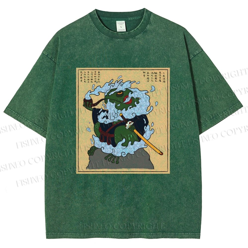 Unisex Japanese Samurai Ninja Frog Printed Washed Tee