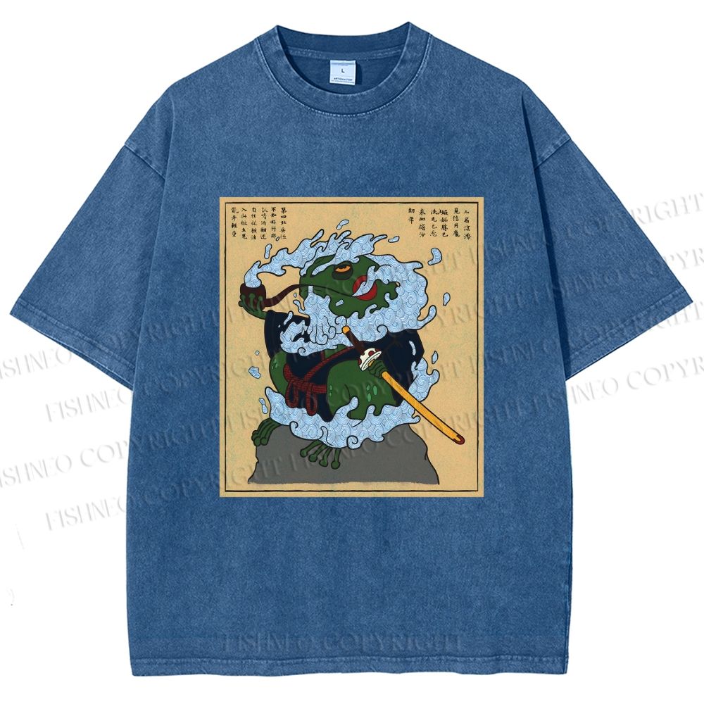 Unisex Japanese Samurai Ninja Frog Printed Washed Tee