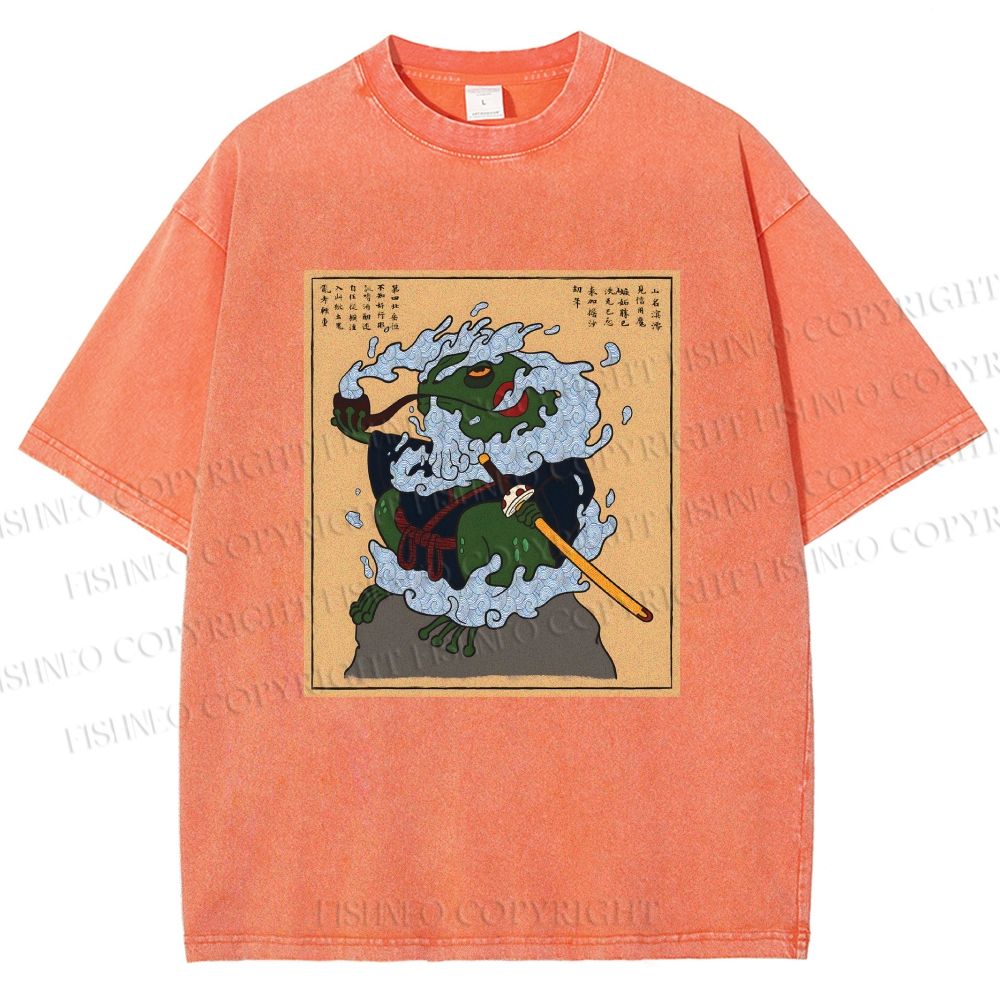 Unisex Japanese Samurai Ninja Frog Printed Washed Tee