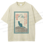 Unisex Japanese Cat Mount Fuji Printed Washed Tee