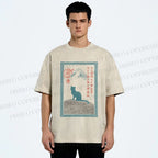 Unisex Japanese Cat Mount Fuji Printed Washed Tee