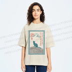 Unisex Japanese Cat Mount Fuji Printed Washed Tee