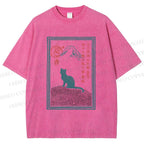 Unisex Japanese Cat Mount Fuji Printed Washed Tee