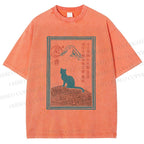 Unisex Japanese Cat Mount Fuji Printed Washed Tee