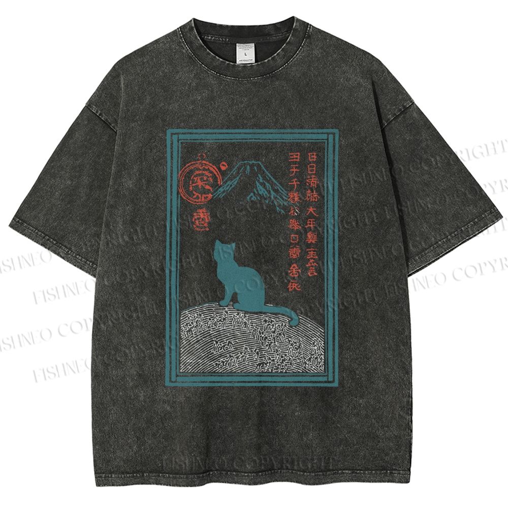 Unisex Japanese Cat Mount Fuji Printed Washed Tee