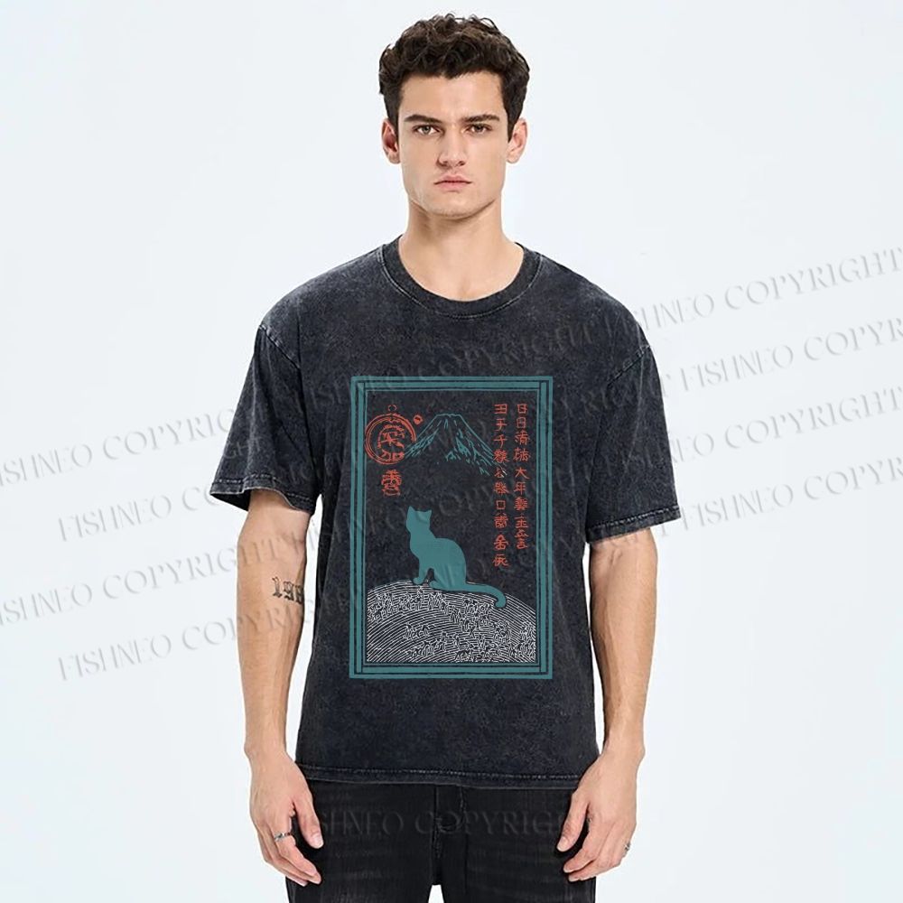 Unisex Japanese Cat Mount Fuji Printed Washed Tee