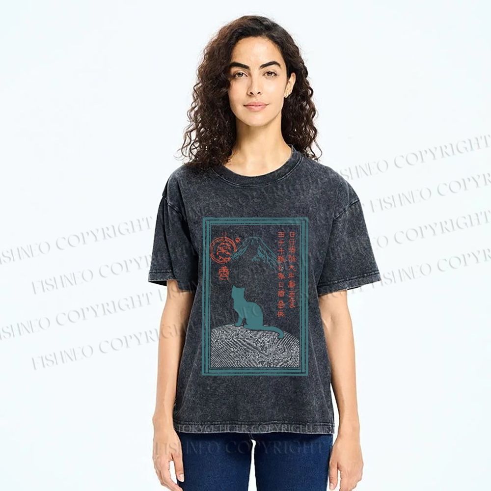 Unisex Japanese Cat Mount Fuji Printed Washed Tee