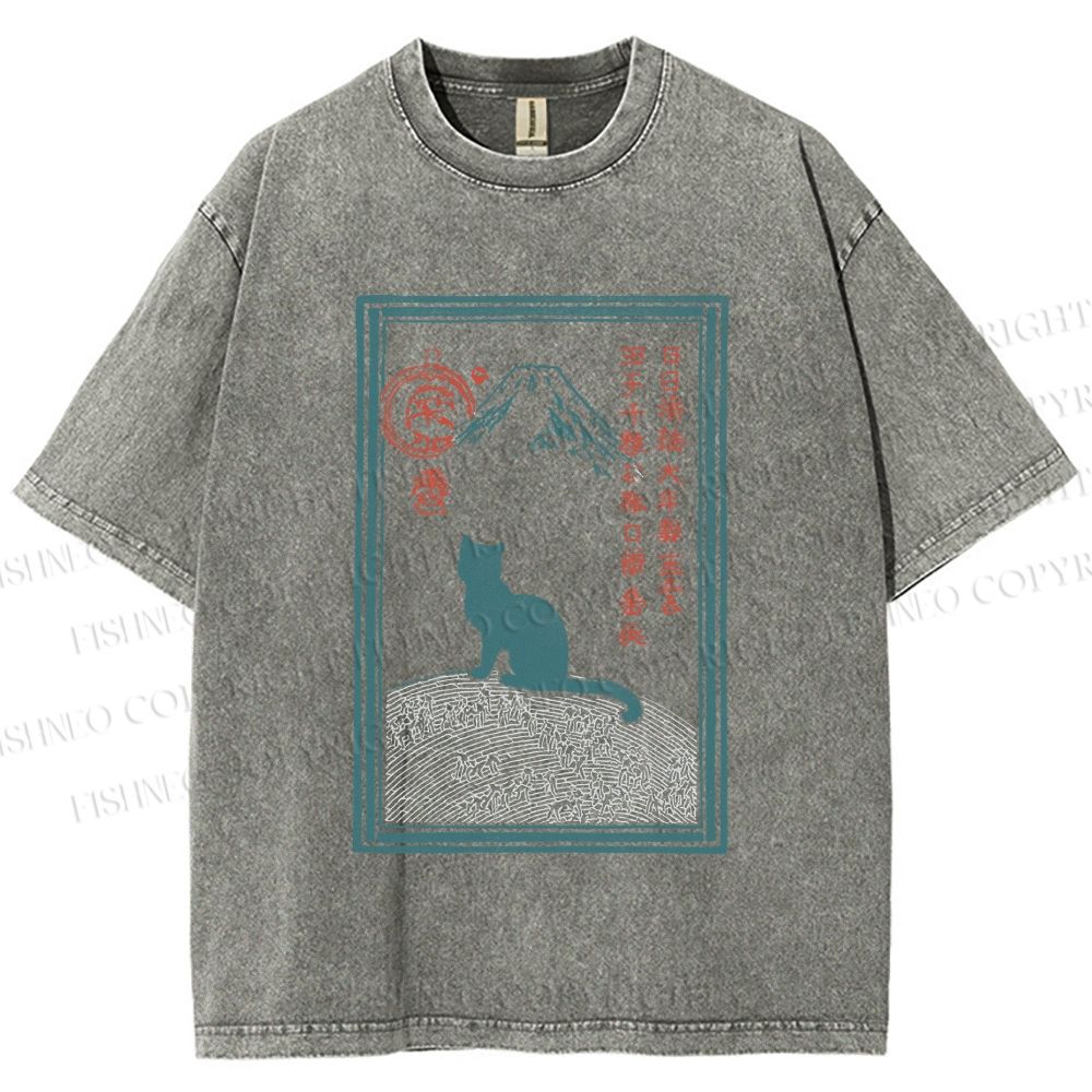 Unisex Japanese Cat Mount Fuji Printed Washed Tee