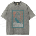 Unisex Japanese Cat Mount Fuji Printed Washed Tee