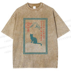 Unisex Japanese Cat Mount Fuji Printed Washed Tee