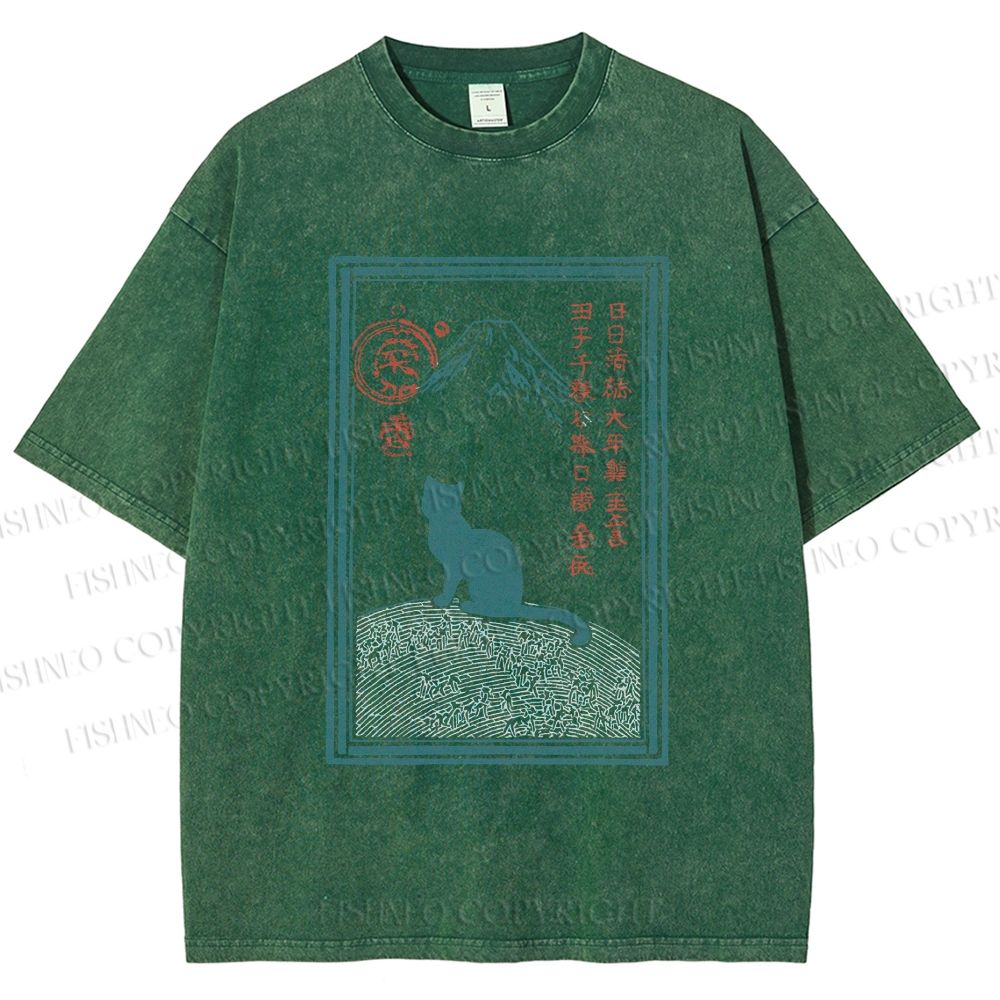 Unisex Japanese Cat Mount Fuji Printed Washed Tee