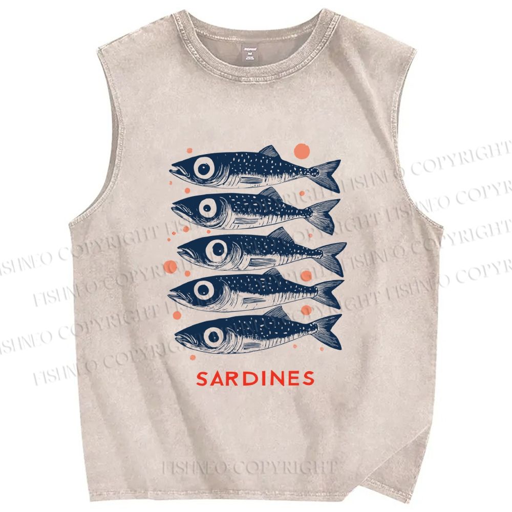 Unisex Vintage Sardine Printed Washed Tank Top