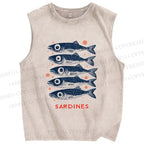 Unisex Vintage Sardine Printed Washed Tank Top