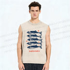 Unisex Vintage Sardine Printed Washed Tank Top