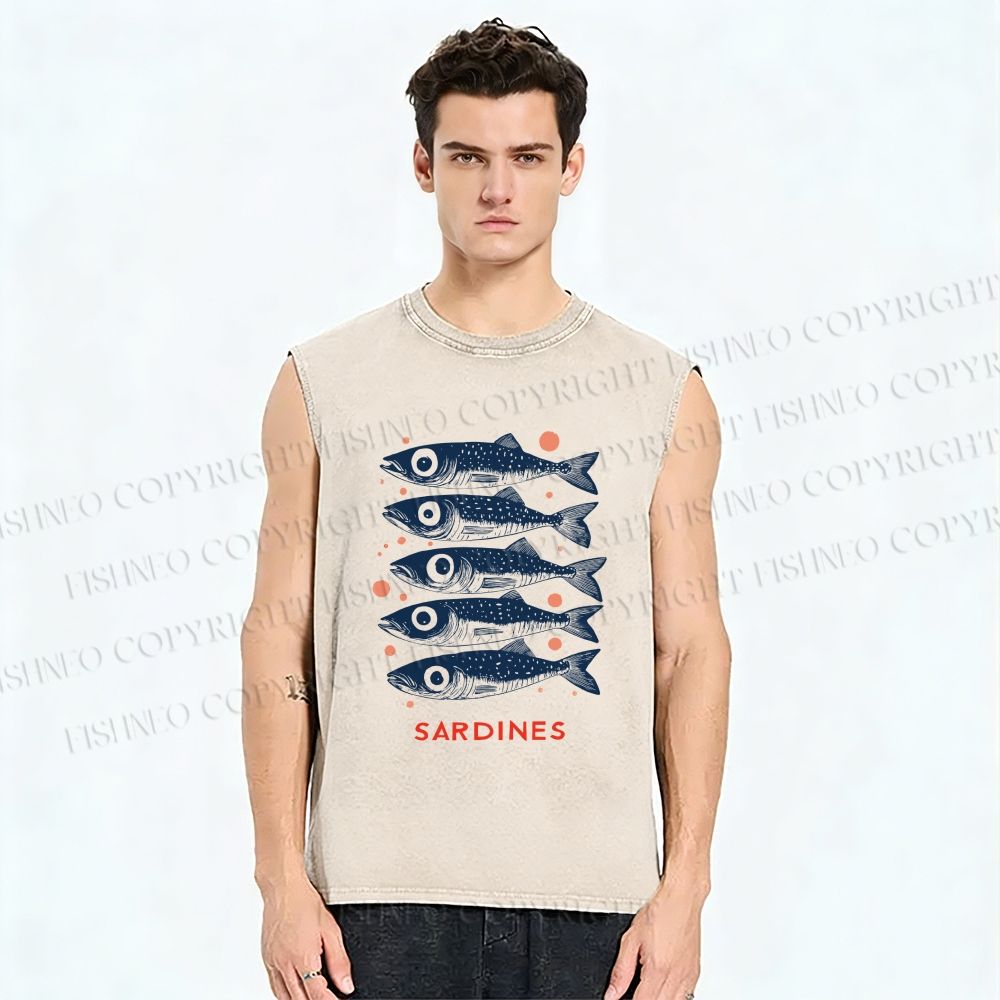 Unisex Vintage Sardine Printed Washed Tank Top