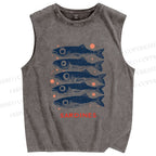 Unisex Vintage Sardine Printed Washed Tank Top