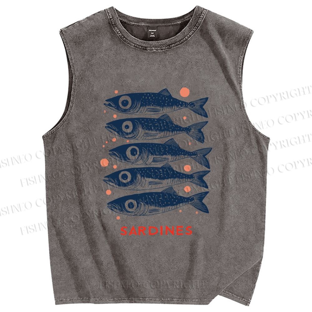 Unisex Vintage Sardine Printed Washed Tank Top