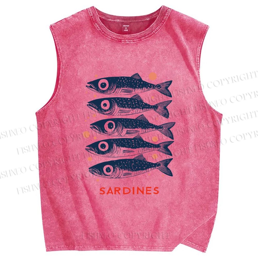 Unisex Vintage Sardine Printed Washed Tank Top