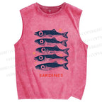 Unisex Vintage Sardine Printed Washed Tank Top