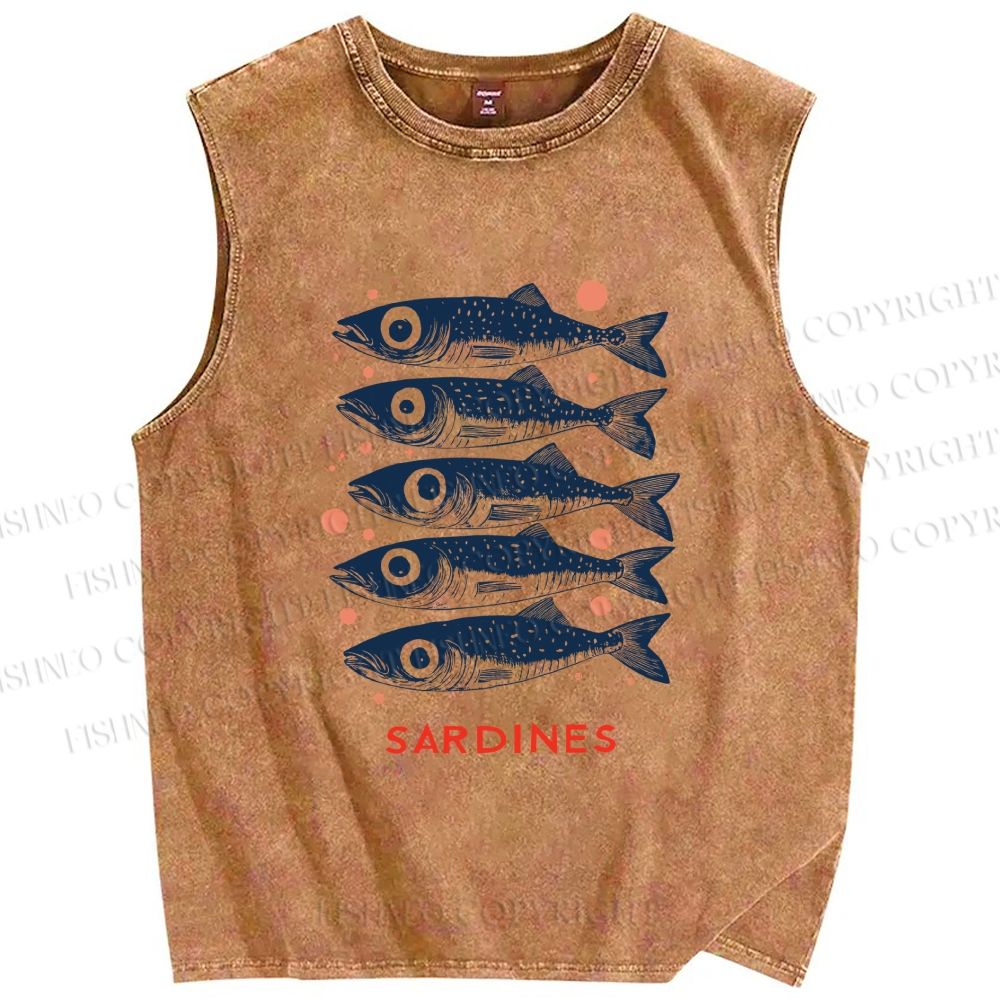 Unisex Vintage Sardine Printed Washed Tank Top