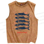 Unisex Vintage Sardine Printed Washed Tank Top