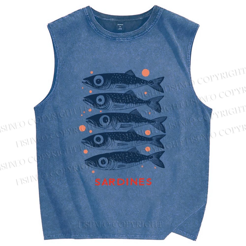 Unisex Vintage Sardine Printed Washed Tank Top
