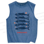 Unisex Vintage Sardine Printed Washed Tank Top
