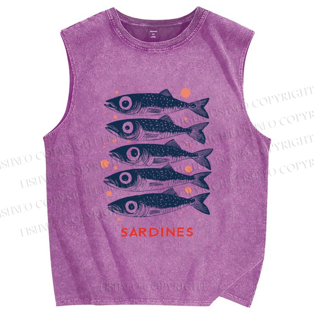 Unisex Vintage Sardine Printed Washed Tank Top