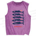 Unisex Vintage Sardine Printed Washed Tank Top