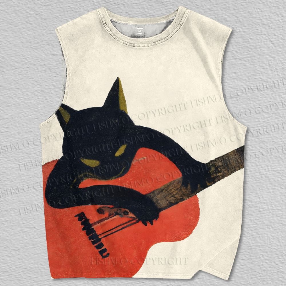 Unisex Black Cat Playing the Guitar Printed Tank Top