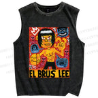 Unisex Bruce Lee Graffiti Printed Washed Tank Top