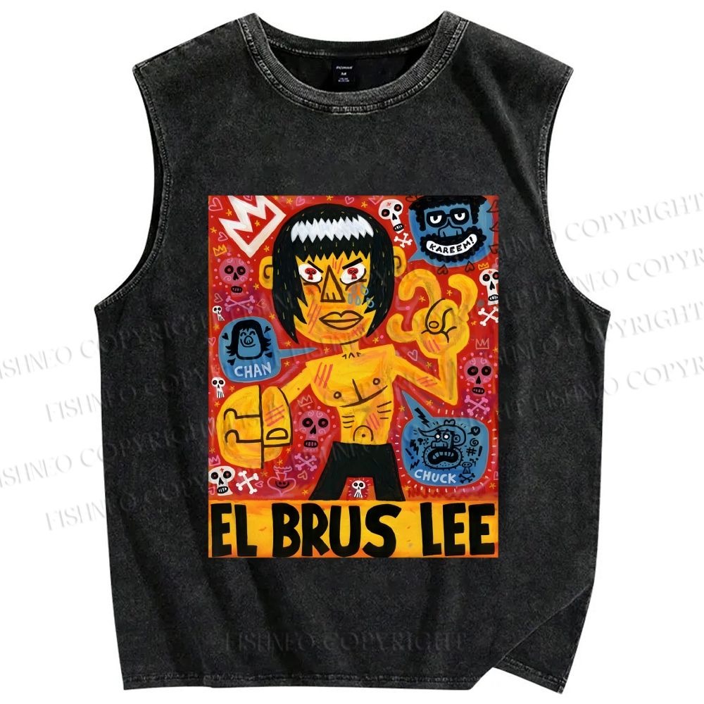 Unisex Bruce Lee Graffiti Printed Washed Tank Top