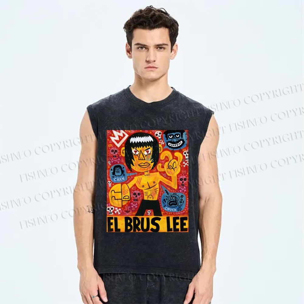 Unisex Bruce Lee Graffiti Printed Washed Tank Top