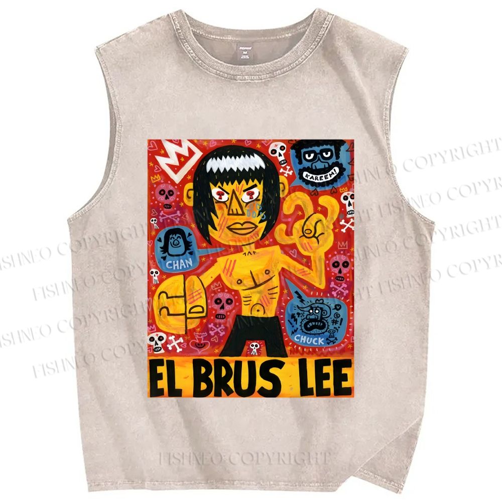 Unisex Bruce Lee Graffiti Printed Washed Tank Top