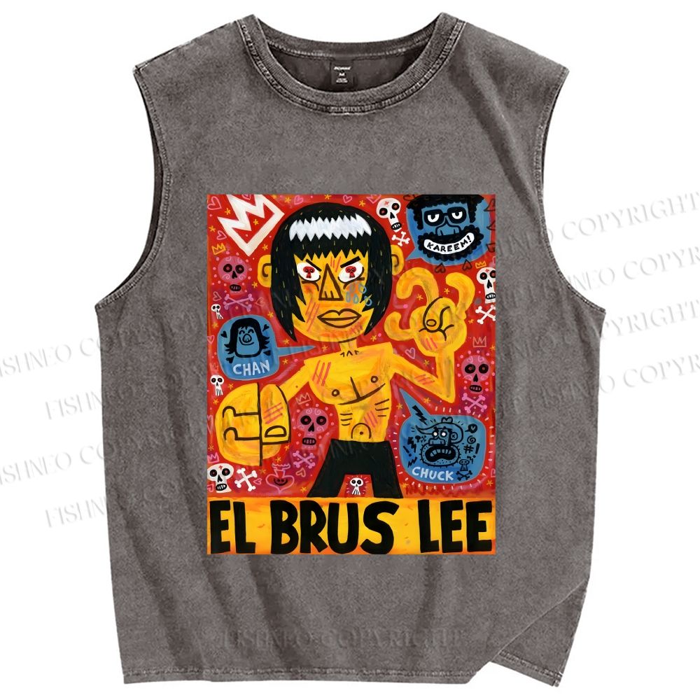 Unisex Bruce Lee Graffiti Printed Washed Tank Top