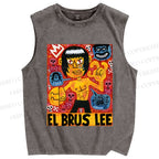 Unisex Bruce Lee Graffiti Printed Washed Tank Top